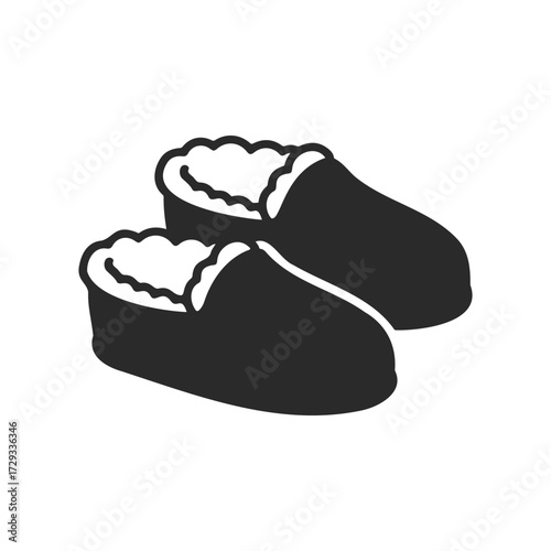 Cozy black slippers with furry lining on white background
