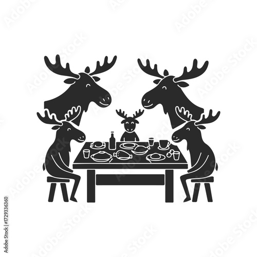 Cartoon moose family enjoying festive dinner around a table