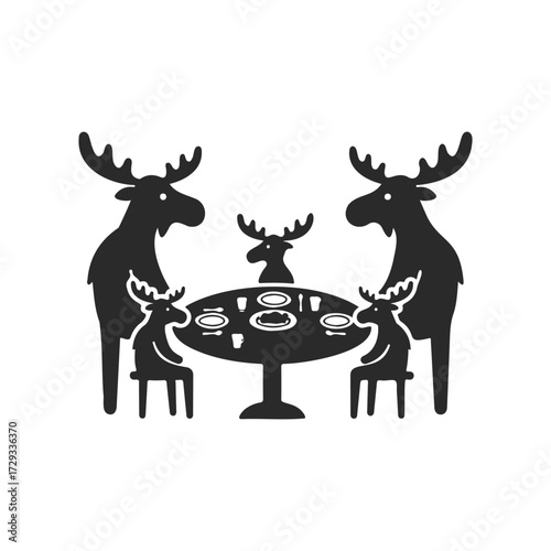 Moose family dining silhouette: cartoon animal gathering around table