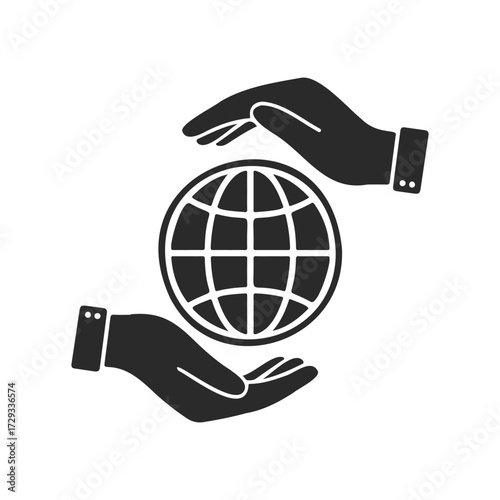 Hands protecting globe icon - symbol of global care and earth conservation