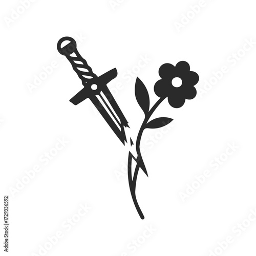 Symbolic contrast: black dagger piercing delicate flower in minimalistic design