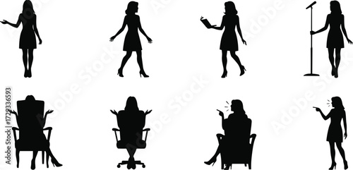 Silhouettes of women in various poses, including walking, standing, sitting, reading, and public speaking, perfect for a professional and lifestyle theme, isolated on white