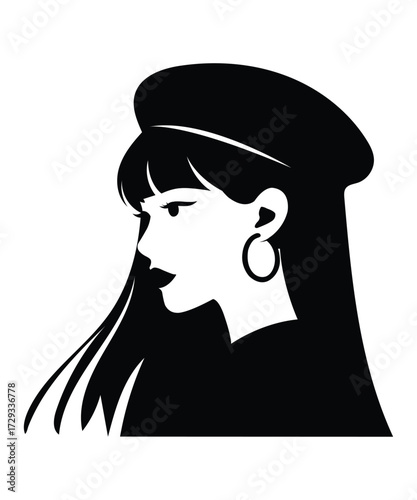 Fashionable Woman Silhouette Profile Wearing Beret Hat.