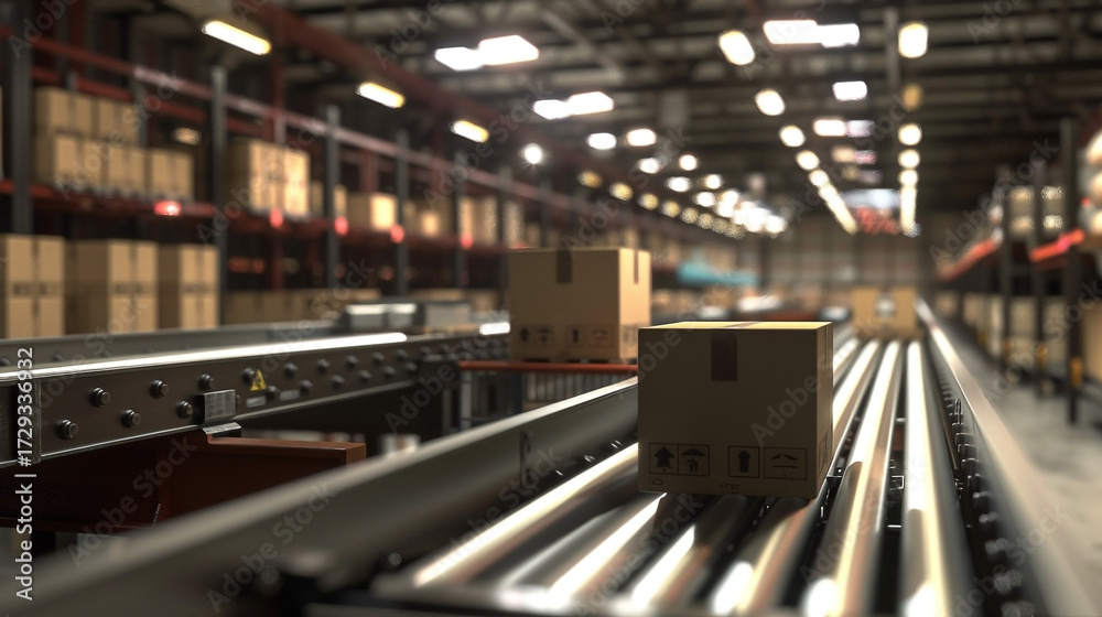 Naklejka premium Boxes on conveyor belt system in distribution warehouse showing logistics automation