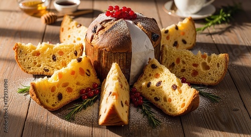 Traditional panettone sliced and decorated with berries on rustic wooden table.