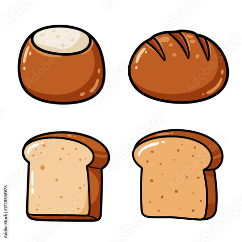 Variety of bread types including rolls and loaves for bakery concept  