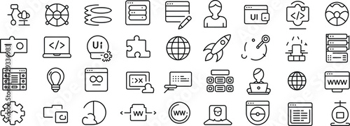 Web development icons, UI UX design symbols, coding and programming graphics, black and white line art, digital technology visuals, creative tech vector set