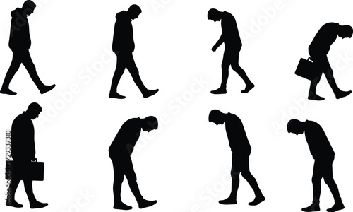 Vector silhouettes of man walking with briefcase in different postures, business concept illustration showing movement, fatigue, lifestyle and career