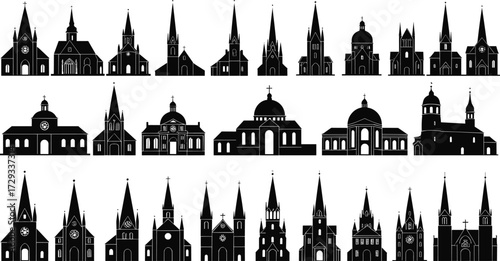Black church silhouette collection, religious architecture vector, christian cathedral illustration, gothic chapel design, steeple dome cross, sacred landmark art, worship building set