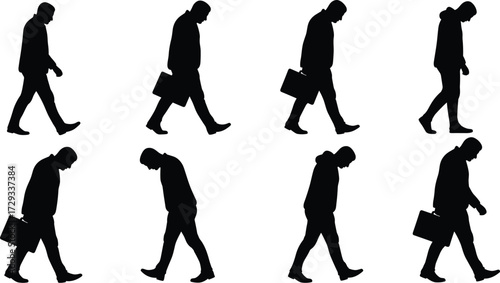 Vector silhouettes of man walking with briefcase in different postures, business concept illustration showing movement, fatigue, lifestyle and career