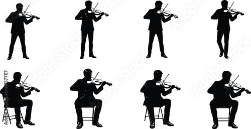Silhouettes of a violinist in various poses, standing and sitting while playing, perfect for music and classical concert themes, isolated on white