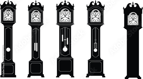 Vintage grandfather clock silhouettes with pendulum and weight mechanisms, antique longcase timepieces, traditional ornate design, classic horology vector illustration