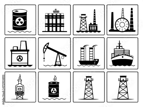"Flat line art icon pack themed around petroleum and natural gas industries. 28 illustrations in dark blue, evenly spaced in grid format. Icons represent industrial facilities, fuel pumps, barrels, ga