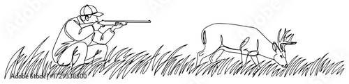 Hunter and Grazing Deer Continuous Line Drawing black shape vector laser cutting engraving monochrome print