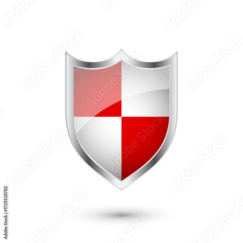 Glossy shield with red and black pattern. Security and protection concept. Cyber safety icons, internet privacy, web defense, digital data protection and antivirus themes. Vector illustration