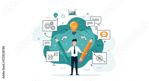 Business Idea and Brainstorming Concept with Pencil and Businessman Illustration