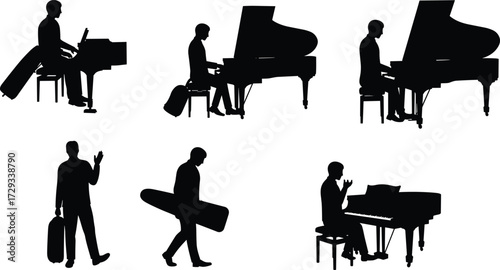 Silhouettes of a musician playing the piano and carrying a case, representing a live concert and music performance, isolated on white