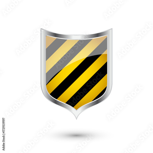 Glossy shield with yellow and black pattern. Security and protection concept. Cyber safety icons, internet privacy, web defense, digital data protection and antivirus themes. Vector illustration