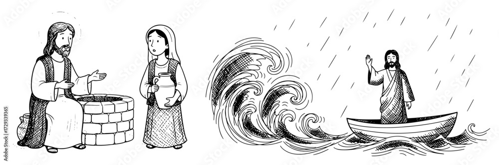 Fototapeta premium Biblical Scenes of Jesus with the Samaritan Woman and Calming the Storm