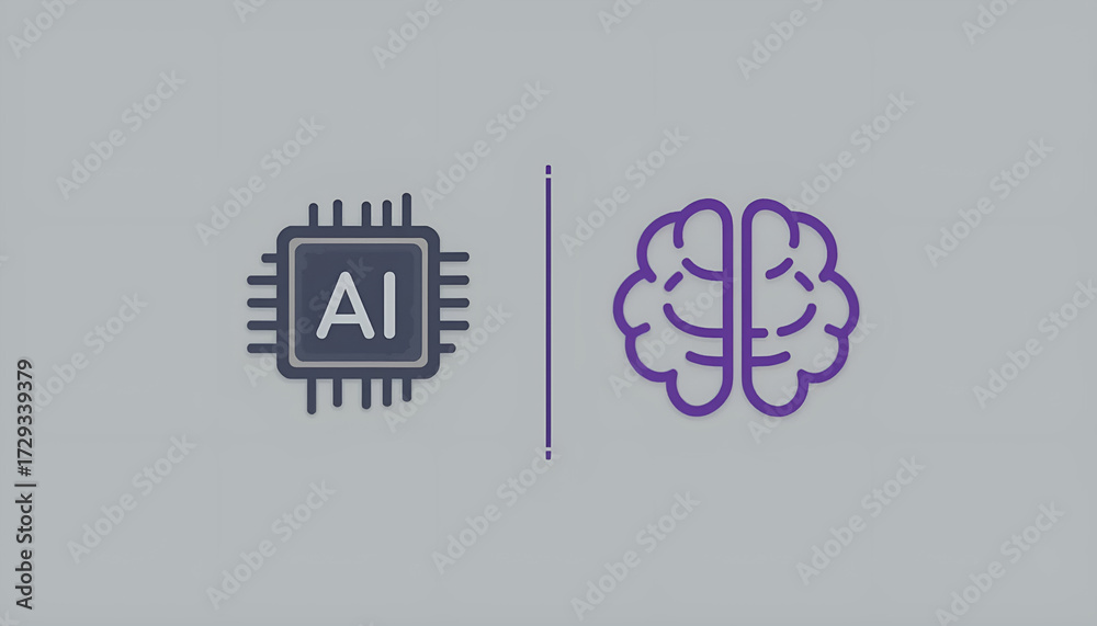 Obraz premium Comparison of AI Processor Chip and Human Brain Iconography