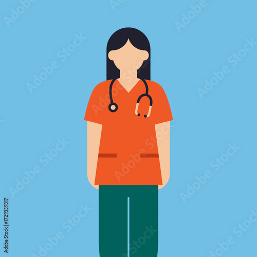 Illustration of a female healthcare worker wearing scrubs and a stethoscope against a blue background.
