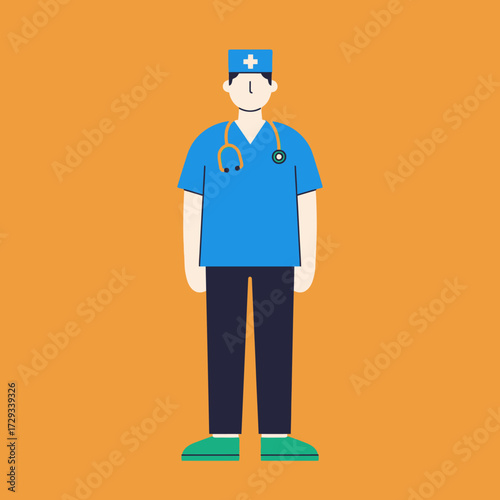 Full-body illustration of a male doctor or surgeon wearing scrubs, a cap, and a stethoscope, standing against an orange background.