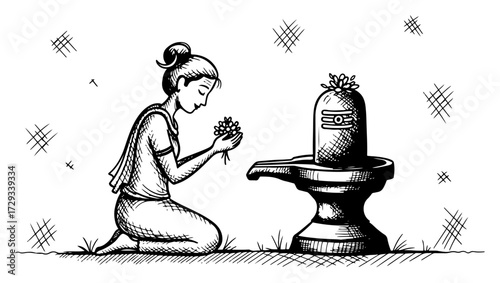 Woman Worshiping a Shiva Lingam Hand Drawn Sketch