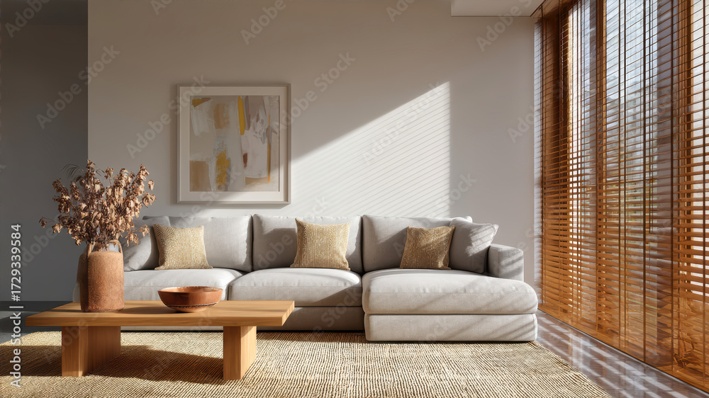 Fototapeta premium Modern Living Room With Warm Sunlight Filtering Through Wooden Blinds in a Cozy Home Setting