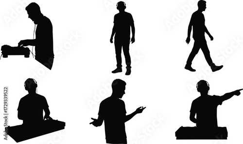 Silhouettes of a DJ with headphones, in various poses, walking, standing, and mixing music, for party and entertainment themes, isolated on white