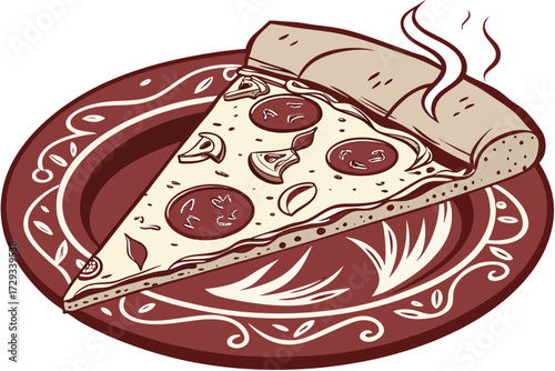  a slice of pizza on a red ceramic plate, close up, food photography, high definition, detailed, appetizing, food styling