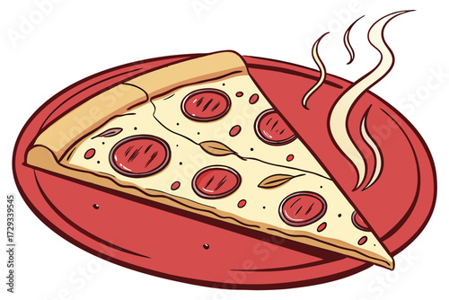  a slice of pizza on a red ceramic plate, close up, food photography, high definition, detailed, appetizing, food styling