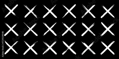 Grunge crosses, brush strokes, x mark, lines, ink smudges, hand-drawn scribble shapes. Handmade sketchy marks, acrylic stains, charcoal streaks. Paint textures, dry brush effect. Vector illustration