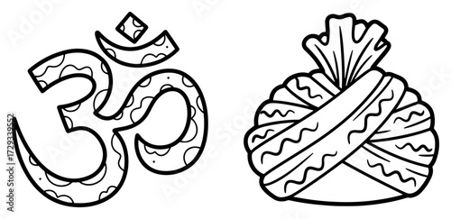 Hand drawn black and white line art of Hindu Om symbol and traditional Indian groom turban
