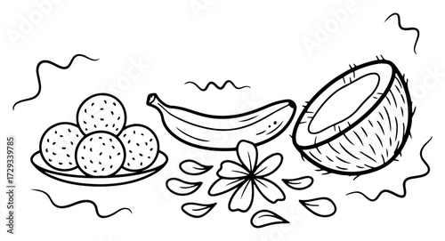 Hand Drawn Indian Prasadam Offering with Laddu Sweets and Coconut Black Shape Vector Laser Cutting Engraving Monochrome Print