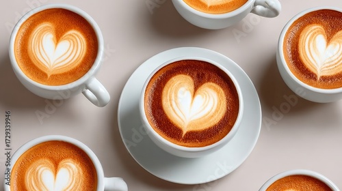 Five cups of latte art featuring heart designs arranged on a light surface, showcasing the intricate patterns and creamy textures, perfect for coffee lovers and culinary enthusiasts seeking inspiratio