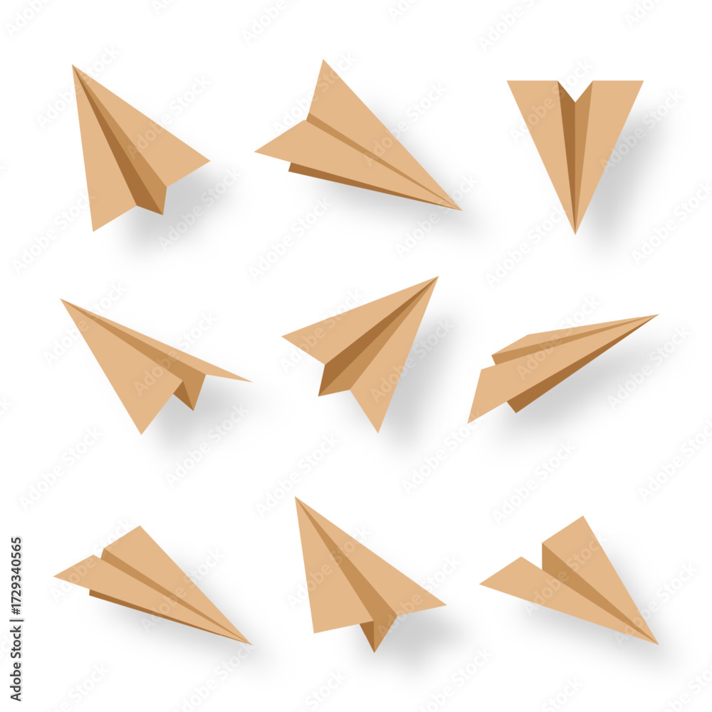 Fototapeta premium Realistic handmade paper planes collection on transparent background. Origami aircraft in flat style. Vector illustration.