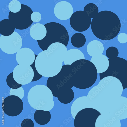 Dynamic abstract background with various sized blue and navy circles floating on a lighter blue canvas.