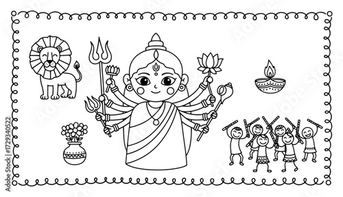 Cute hand drawn line art of Hindu Goddess Durga with lion and Dandiya dancers for Navratri festival coloring page