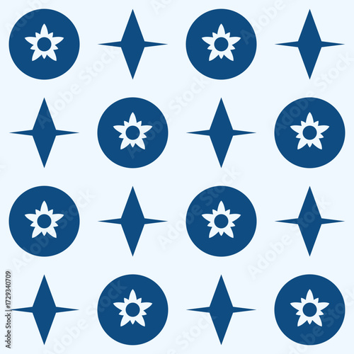 Seamless geometric pattern with indigo stars and floral circles on a light blue background.