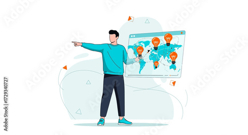 Businessman presenting innovative global ideas and solutions around the world effortlessly without interruption