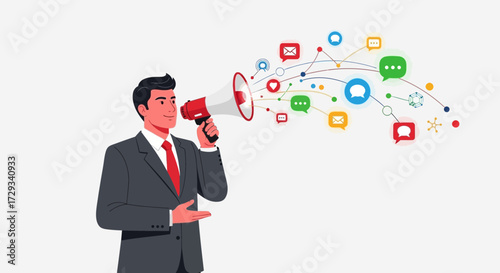 Businessman Using Megaphone to Broadcast Social Media Messages and Notifications