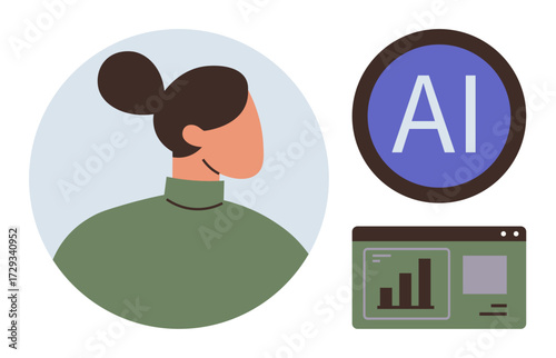 Minimalist woman profile, AI label in a circle, data visualization bar graph on screen. Ideal for AI, technology, data analysis, innovation, digital transformation, machine learning education