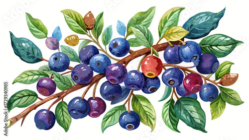 A watercolor painting of Saskatoon berries on a branch with leaves artistic illustration, showing vibrant natural beauty, seasonal harvest charm, delicate brushstrokes, and timeless orchard inspiratio