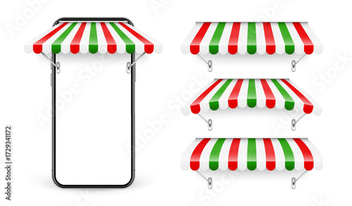 Smartphone with shop sunshade, metal mount, online internet shopping. Realistic striped cafe awning. Outdoor market tent. Roof canopy in Italian flag colors. Summer street store. Vector illustration