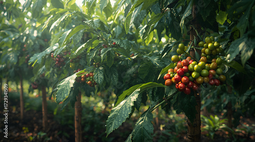 Cherry Clusters on Branches in Sunlit Orchard