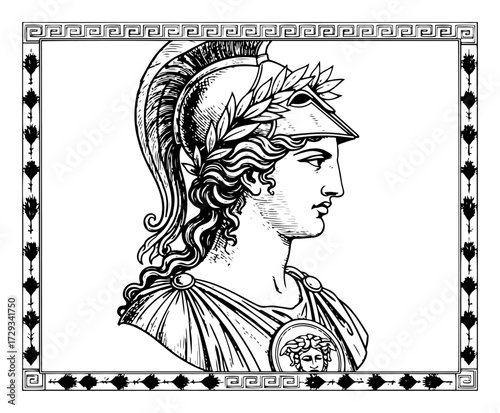 Ancient Greek Goddess Athena in a Helmet and a Decorative Frame
