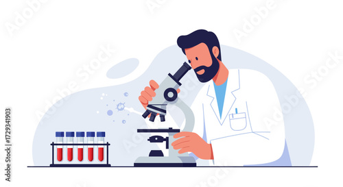 Scientist intently analyzing sample with microscope, advancing scientific research and medical breakthroughs in the lab, representing innovation and discovery