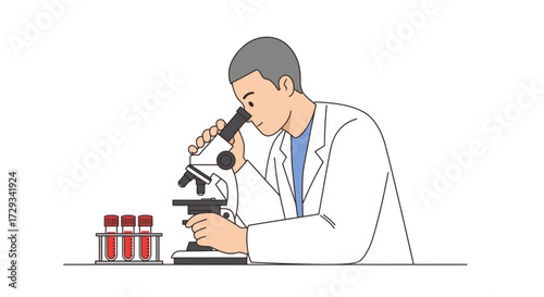 Scientist using a microscope in lab with blood samples, medical research and analysis, healthcare innovation, scientific discovery, breakthrough, vector