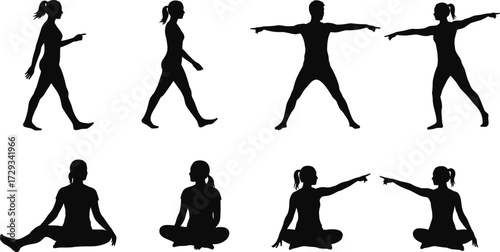 Silhouettes of women in various yoga and walking poses, representing exercise, wellness, and healthy lifestyle, isolated on white