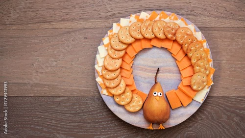 Thanksgiving turkey theme cheese board. Stop motion placement. Top down view on a wood background.